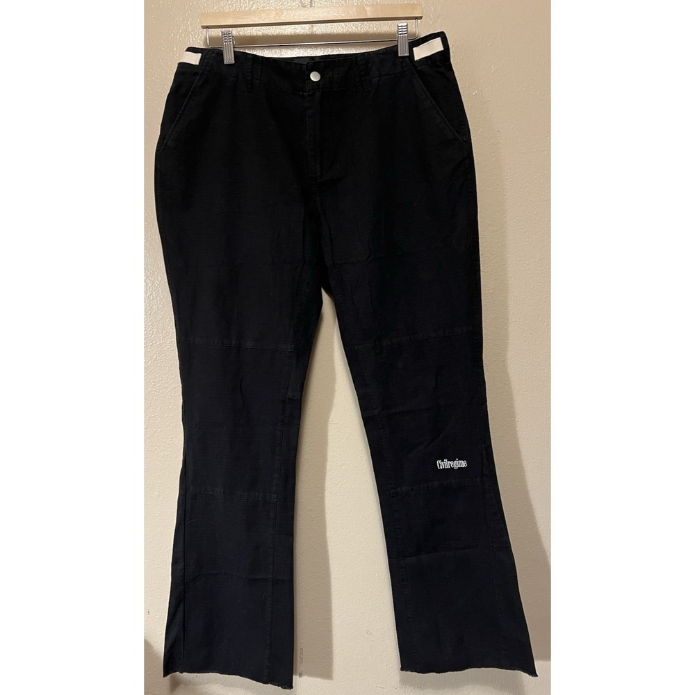 Civil Regime Black Boot Cut White Belt Rip Stop Cotton Pants Raw Hem Men's Sz 34
